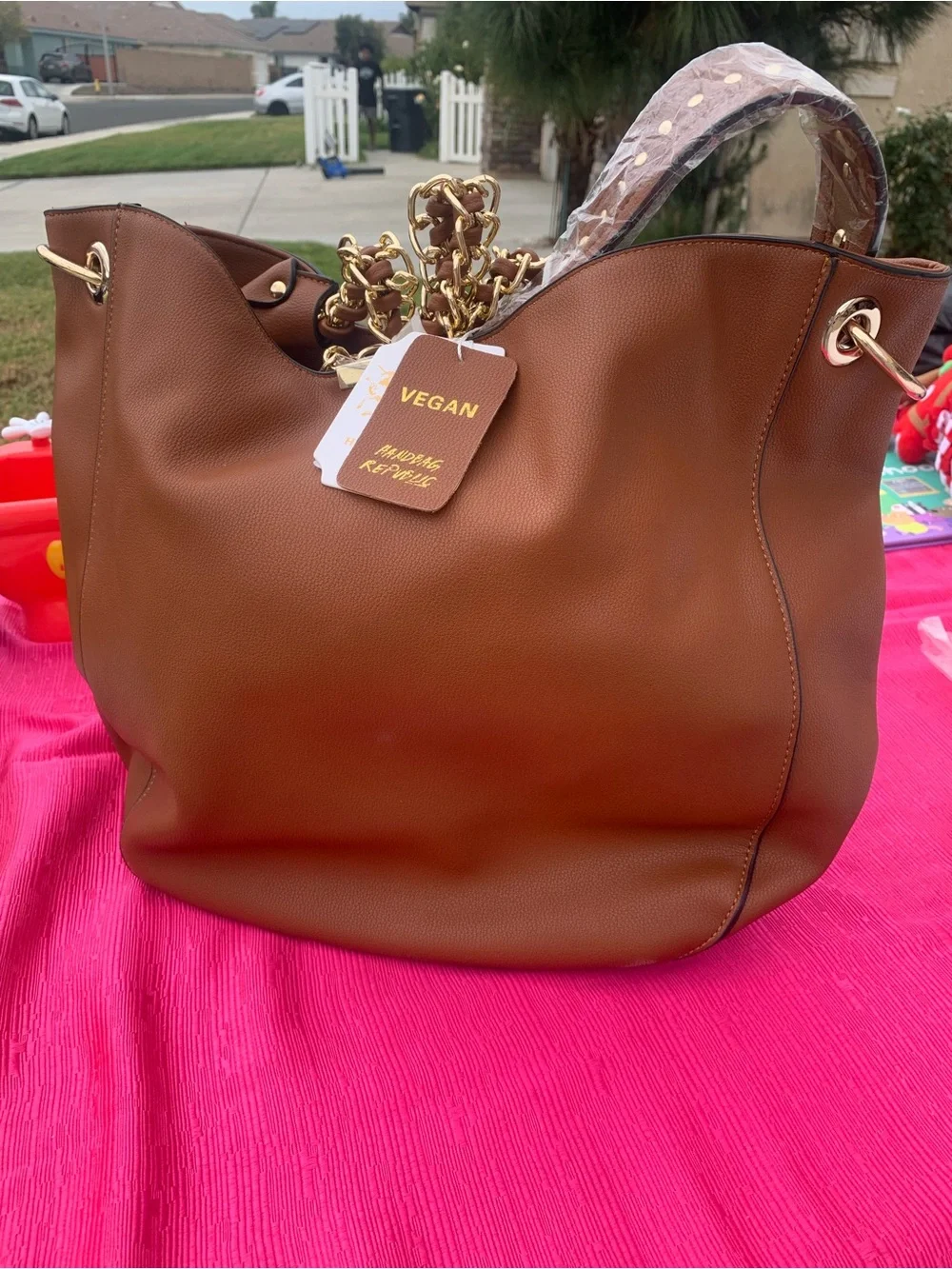 Vegan Brown Women's Tote Bag with Gold Chain Accents
